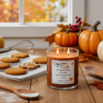 Load image into Gallery viewer, Gingerbread-themed hand poured candle on a wooden table with cookies, pumpkins, and fall decorations.  Southern Charm Farmhouse.
