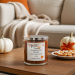 Load image into Gallery viewer, Gingerbread house hand poured candle on a table with pumpkins and cookies in the background.  Southern Charm Farmhouse.
