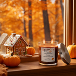Load image into Gallery viewer, Gingerbread House hand poured candle with pumpkins and a gingerbread house on a windowsill with autumn trees in the background.  Southern Charm Farmhouse.
