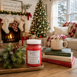Load image into Gallery viewer, A red hand poured Home 4 the Holidays candle in a glass jar sits on a wooden tray in a cozy holiday living room. Southern Charm Farmhouse.
