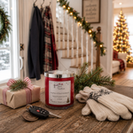 Load image into Gallery viewer, A red scented hand poured candle in a clear glass jar with a silver lid sits on a wooden table in a cozy holiday home setting. The label reads 'Home &amp; the Holidays' . Southern Charm Farmhouse.

