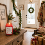 Load image into Gallery viewer, A lit red hand poured candle labeled Home 4 the Holidays in a clear glass jar sits on a wooden console table in a decorated holiday entryway. The scene includes a white front door with a wreath, green garlands, wrapped gift boxes, boots, and a sign that reads 'It's so good to be home. Southern Charm Farmhouse.
