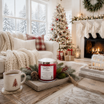 Load image into Gallery viewer, A festive Christmas-themed living room scene with a red hand poured scented candle labeled Home 4 the Holidays on a wooden tray in the foreground, alongside a mug, pinecones, evergreen branches, a decorated Christmas tree, stockings, and a fireplace. Outside the window snow covered trees. Southern Charm Farmhouse.

