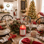 Load image into Gallery viewer, A lit red hand poured candle in a glass jar labeled Home 4 the Holiday sits on a decorated holiday dining table with plates, glassware, pinecones, red napkins, and a Christmas tree in the background. Southern Charm Farmhouse.
