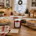 Load image into Gallery viewer, A red scented hand poured Home 4 the Holidays candle in a clear glass jar with a silver lid sits on a wooden kitchen counter, surrounded by holiday food and decor including a pie, casserole dish, striped towel, and wreath in the background. Southern Charm Farmhouse.

