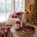 Load image into Gallery viewer, A red hand poured candle in a glass jar labeled Home 4 the Holidays sits on a round wooden table next to a mug and books, styled in a cozy living room with a window showing a snowy outdoor view and a decorated Christmas tree in the background. Southern Charm Farmhouse.
