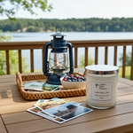 Load image into Gallery viewer, Lakeside Cabin hand-poured 2 Wick candle in a clear glass jar with notes of cedar and fresh water - Southern Charm Farmhouse
