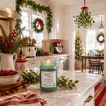 Load image into Gallery viewer, A lit teal green hand poured Mistletoe (type) candle in a clear glass jar sits on a white marble kitchen island, surrounded by festive Christmas decorations including mistletoe, green garlands, red berries, and holiday greenery in a bright, decorated kitchen. Southern Charm Farmhouse.
