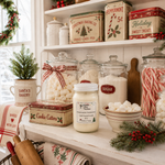 Load image into Gallery viewer, A styled holiday kitchen shelf display featuring vintage-style canisters, glass jars filled with marshmallows and candy canes, a candle, rolling pins, and decorative textiles. Visible items include a tin labeled Christmas Baking Co, a peppermint sweet treats tin, and a hand poured Marshmallow Wonderland candle labeled by Southern Charm Farmhouse.

