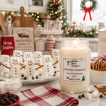Load image into Gallery viewer, A lit jar candle labeled ' Marshmallow Wonderland Hand Poured Candle 16 oz Made in Texas' sits on a table in a cozy holiday kitchen setting, surrounded by marshmallow snowman treats, pretzels, chocolate chips, and warm festive decor. Southern Charm Farmhouse.

