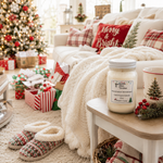 Load image into Gallery viewer, A Christmas-themed living room scene with a white hand poured Marshmallow Wonderland candle jar in the foreground on a side table, surrounded by holiday decor including a decorated tree, wrapped gifts, plaid pillows, slippers, and a cozy throw blanket. Southern Charm Farmhouse.
