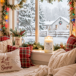 Load image into Gallery viewer, A cozy holiday window scene with a lit hand poured scented candle labeled Marshmallow Wonderland on the windowsill, surrounded by cream knit blankets, red plaid pillows, evergreen garlands, and warm string lights. Outside, snow-covered trees and a snow-laden house are visible through the window. Southern Charm Farmhouse.
