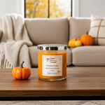Load image into Gallery viewer, Hand Poured Candle with a pumpkin Pickin label on a wooden table in a cozy living room.  Southern Charm Farmhouse.

