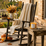 Load image into Gallery viewer, Rustic rocking chair with a blanket and a hand poured Pumpkin Spice candle on a porch with pumpkins and flowers.  Southern Charm Farmhouse.
