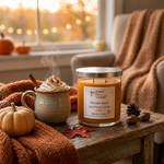 Load image into Gallery viewer, Pumpkin spice latte and Hand poured Pumpkin Spice candle on a wooden table with autumn decorations.  Southern Charm Farmhouse.
