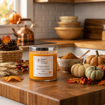 Load image into Gallery viewer, Pumpkin spice hand poured candle on a kitchen counter with autumn decorations.  Southern Charm Farmhouse.
