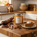 Load image into Gallery viewer, Jar of pumpkin spice hand poured candle on a kitchen counter with pie and spices.  Southern Charm Farmhouse.
