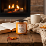 Load image into Gallery viewer, Pumpkin spice hand poured candle on a wooden surface with a fireplace in the background.  Southern Charm Farmhouse.
