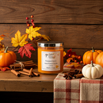 Load image into Gallery viewer, Pumpkin spice hand poured candle with fall decorations on a wooden surface.  Southern Charm Farmhouse.
