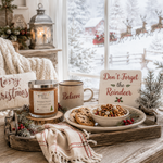 Load image into Gallery viewer, A cozy holiday tabletop scene with a wooden tray holding a hand poured 2 wick Reindeer Munch candle, a mug, a bowl of cookies and nuts, and a sign that reads 'Don't Forget the Reindeer.' A pillow says 'Merry Christmas,' and through the window behind, Santa in a red sleigh with reindeer is visible in the snow.  Southern Charm Farmhouse
