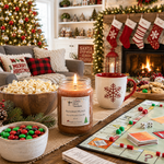 Load image into Gallery viewer, A lit hand poured jar candle labeled 'Reindeer Munch' sits on a rustic table in a cozy holiday living room. The scene includes a fireplace with stockings, a decorated tree, popcorn, candy, a mug, and a board game, creating a warm festive atmosphere. Southern Charm Farmhouse.

