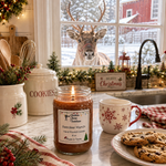 Load image into Gallery viewer, A lit hand poured jar candle labeled 'Reindeer Munch' by Southern Charm Farmhouse, sits on a kitchen counter in a holiday setting, with cookies on a plate, a snowflake mug, canisters, and a window showing a reindeer outside.
