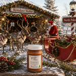 Load image into Gallery viewer, A hand poured candle jar of Reindeer Munch  sits on a snowy wooden surface in a festive Christmas village scene with reindeer, Santa in a sleigh, and a cabin labeled 'Reindeer Stable' in the background. Southern Charm Farmhouse.
