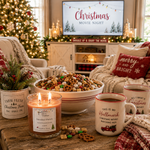Load image into Gallery viewer, A cozy holiday living room scene with a bowl of mixed snack chips in the center, surrounded by branded candles, mugs, and small decorative planters. A TV on the wall reads "Christmas Movie Night," and the room is warmly lit with string lights and festive decor. 2 wick hand poured candle label reads Reindeer Munch.  Southern Charm Farmhouse
