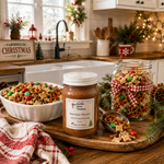 Load image into Gallery viewer, A hand poured candle jar  labeled  Reindeer Munch with a candy snack sits on a wooden cutting board in a decorated kitchen, alongside a bowl of the snack and a glass jar filled with the candy mix. Southern Charm Farmhouse.
