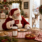 Load image into Gallery viewer, A festive holiday scene with Santa Claus sitting at a table in a decorated kitchen, holding a red mug labeled 'Santa's Cocoa.' A jar of marshmallow chocolate cookie sauce, cookies, a bowl of cereal, and a mug of hot cocoa are on the table. A hand poured candle labeled Reindeer Munch sitting on the table. Southern Charm Farmhouse.
