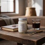 Load image into Gallery viewer, 16 oz hand poured mason Jar of Santal 33 candle  on a wooden table with a glass of dark liquid and book in a cozy room. Southern Charm Farmhouse.

