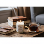 Load image into Gallery viewer, 16 oz Hand poured Santal 33  Candle with a lit wick, steaming cup of tea, and books on a wooden surface. Southern Charm Farmhouse.
