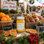 Load image into Gallery viewer, A hand-poured candle labeled Spiced Holiday Cider in a clear glass jar with a white lid sits on a wooden table surrounded by holiday decorations, including orange slices, cinnamon sticks, cranberries, pine branches, and a red ribbon. A Christmas tree and a red 'Merry Christmas' pillow are visible in the background. Southern Charm Farmhouse.
