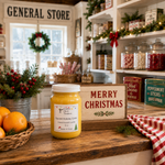 Load image into Gallery viewer, A jar of Spiced Holiday Cider hand-poured candle by Southern Charm Farmhouse sits on a rustic wooden counter in a decorated holiday shop setting.
