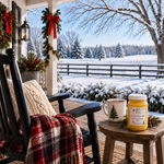Load image into Gallery viewer, A cozy holiday-themed scene on a snowy porch with a black rocking chair draped in a red plaid blanket, a cream knit throw, a mug with a Christmas tree, and a large yellow jar candle labeled 'Spiced Holiday Cider' on a small wooden stool. The porch overlooks a snow-covered field with trees and a fence under a bright winter sky. Southern Charm Farmhouse.

