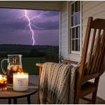 Load image into Gallery viewer, Wooden rocking chair with a blanket on a porch, 2 Wick candle, and a pitcher of iced tea, with a lightning storm in the background. Southern Charm Farmhouse.
