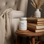 Load image into Gallery viewer, Eucalyptus Tea hand poured Candle in a 16 oz Mason jar on a wooden stool with books and a vase in the background. Southern Charm Farmhouse.
