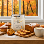 Load image into Gallery viewer, Toasted Pumpkin Spice candle with pumpkin bread, muffins, and a cup of coffee on a wooden table with autumn scenery. Southern Charm Farmhouse.
