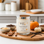 Load image into Gallery viewer, Hand poured Candle labeled 'Toasted Pumpkin Spice' on a wooden cutting board with pumpkins and spices. Southern Charm Farmhouse.
