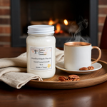 Load image into Gallery viewer, 16 oz mason Jar of Vanilla Maple Pecan hand poured candle on a wooden tray with a steaming mug and pecans, fireplace in the background.  Southern Charm Farmhouse.
