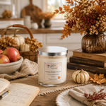 Load image into Gallery viewer, A jar hand poured candle labeled ' Vanilla Maple Pecan' sits on a rustic table runner surrounded by fall decor, including books, dried flowers, pumpkins, apples, and an open notebook. Southern Charm Farmhouse.
