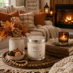 Load image into Gallery viewer, A jar hand poured candle labeled 'Vanilla Maple Pecan' sits on a wooden tray in a cozy living room setting with a fireplace, throw blanket, books, and dried flowers. Southern Charm Farmhouse.
