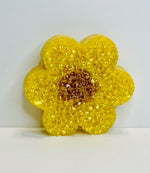 Load image into Gallery viewer, Hand made Yellow sun flower-shaped car freshie with a brown center on a white background. Southern Charm Farmhouse.
